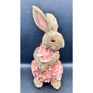 Natural Sisal Straw Easter Bunny Figurine Pink Floral Dress 10" Rustic Decor